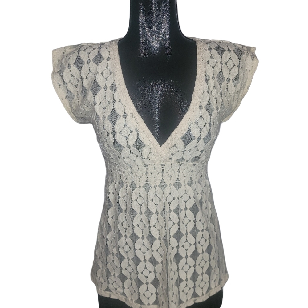 Cream Colored Y2K Mesh Detailed Short Sleeve Top Size S
